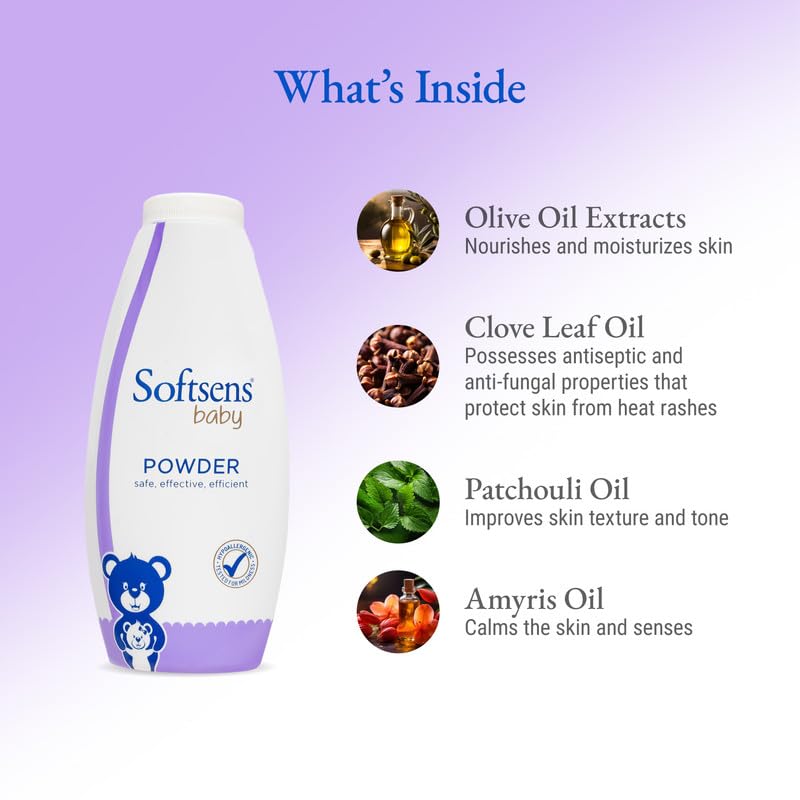 Softsens Baby Powder|Enriched with Patchouli & Olive|Soothes & Moisturises Baby’s Skin|Mild,Dermatologically Tested,Hypoallergenic & Paraben-Free|400g (Pack of 2)