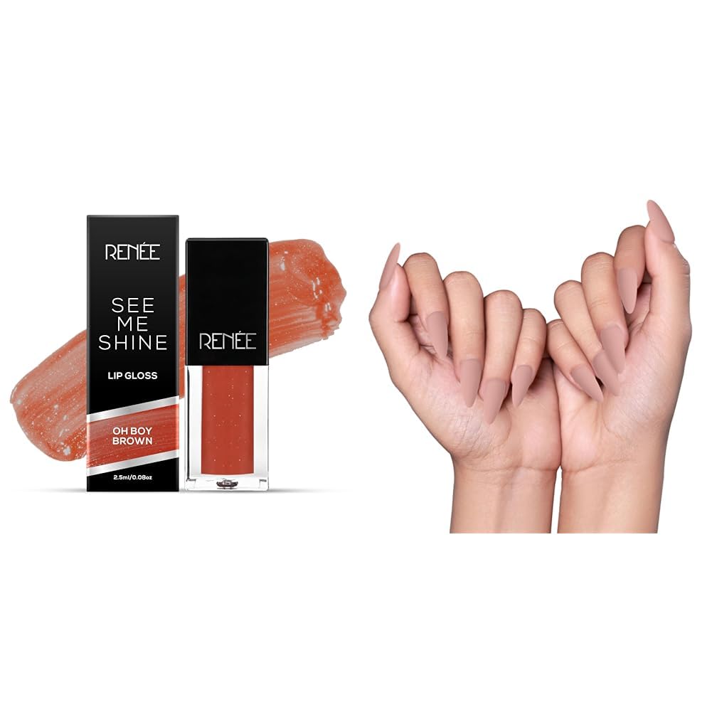 RENEE See Me Shine Lip Gloss - Oh Boy Brown 2.5ml - Glossy, Non Sticky & Non Drying Formula & RENEE Long Stick On Nails L MTN 01| 24 Reusable Artificial Fake Nail Set| Lightweight & Long Lasting