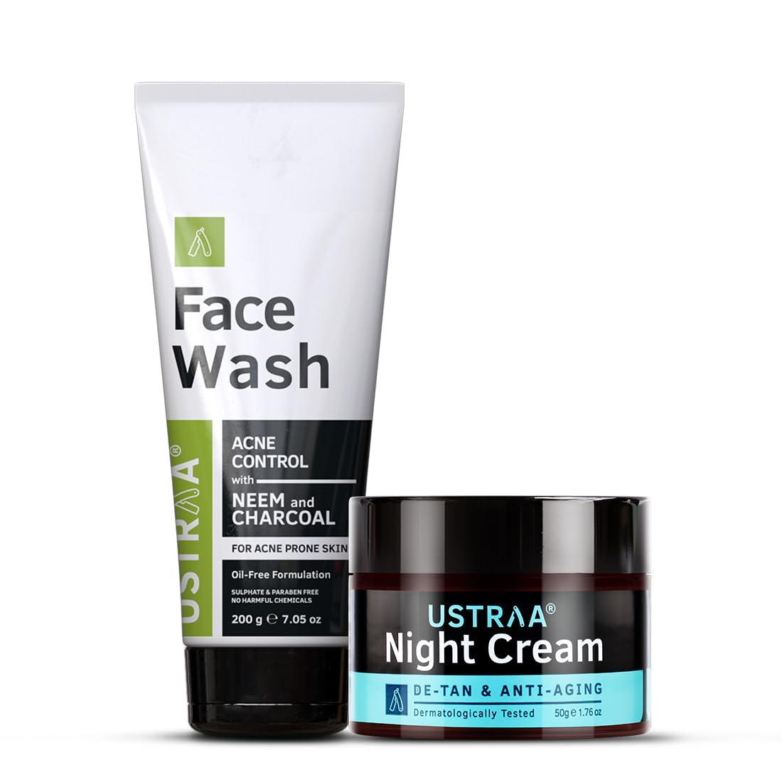Ustraa Face Wash Acne Control - With Neem & Charcoal - 200g - Oil control, Prevents Acne & Night Cream - De-Tan & Anti-Aging Cream for Men - 50g | for Effective Tan Removal