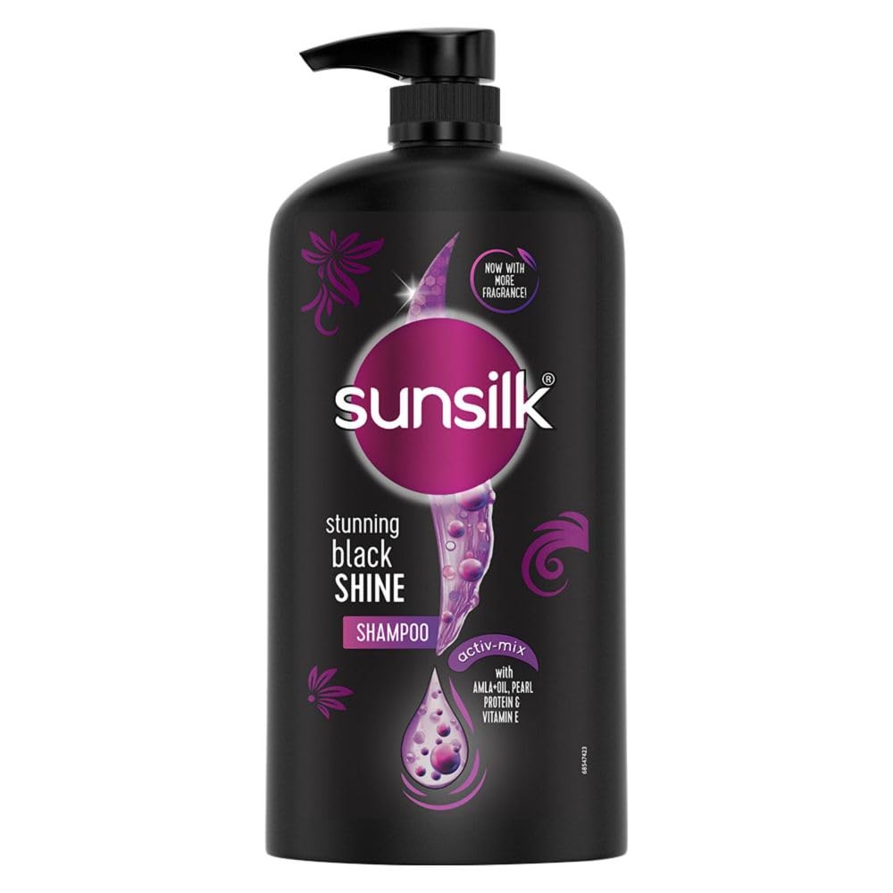 Sunsilk Stunning Black Shine Shampoo, With Amla+Oil, Pearl Protein & Vitamin E For Long Lasting Shine, 1 Ltr
