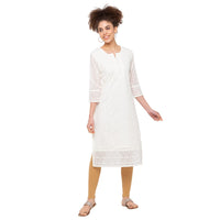 ZOLA Exclusive Georgette Round Neck with Full Sleeves and Calf Length Luckhnowi Chikan Kari Kurta with Button Placket on Yolk Ethnic Wear Straight Kurta for Women Pack of 1