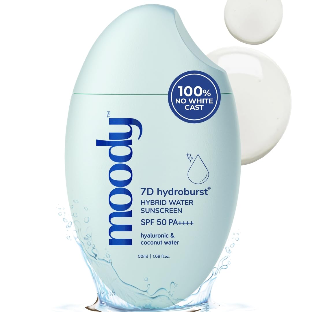 Moody Hydro Burst Water Sunscreen With Hyaluronic & SPF 50 PA ++++ UVA/B Protection | Brightening Sunscreen With No White Cast, Lightweight & Non Greasy | For Oily & Combination Skin | 50ml