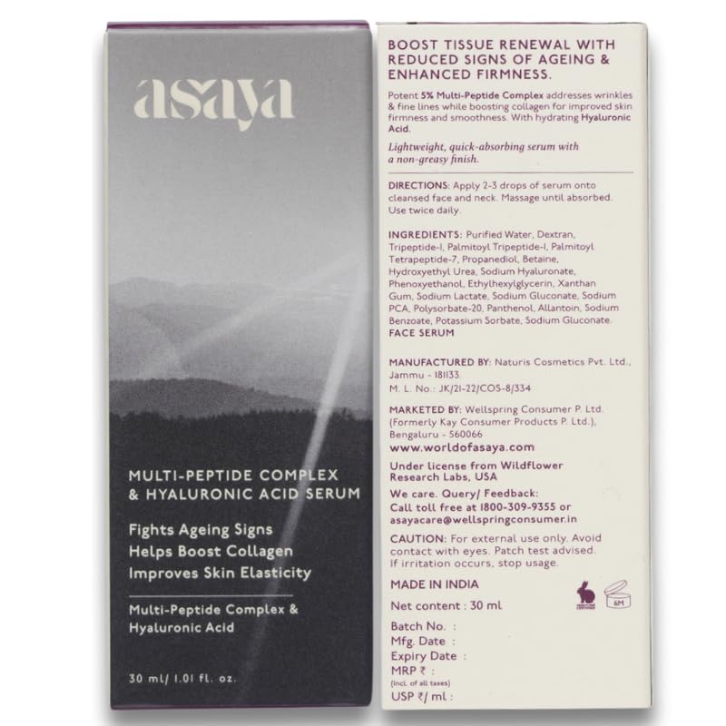 Asaya Multi Peptide Face Serum with Hyaluronic Acid | Collagen Boosting, Hydrating Overnight Repair Serum | Advanced Anti-Aging Formula | Skin Renewal Boosting Facial Essence | Reduces Fine Lines & Wrinkles | Glowing Skin | Face Serum | 5% Tripeptide Comp