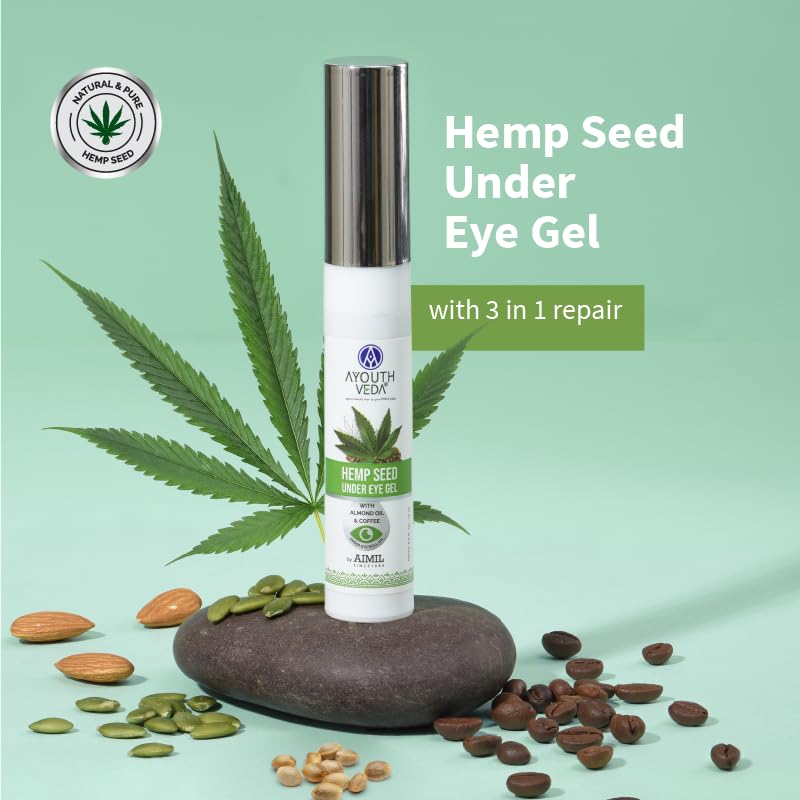 Ayouthveda Hemp Seed Under Eye Gel with Cooling Massage Roller|For Puffy Eyes, Dark Circles, Wrinkles & Fine Lines|With Hemp Seed Oil, Almond oil & Coffee| (Pack of 1;15ml)