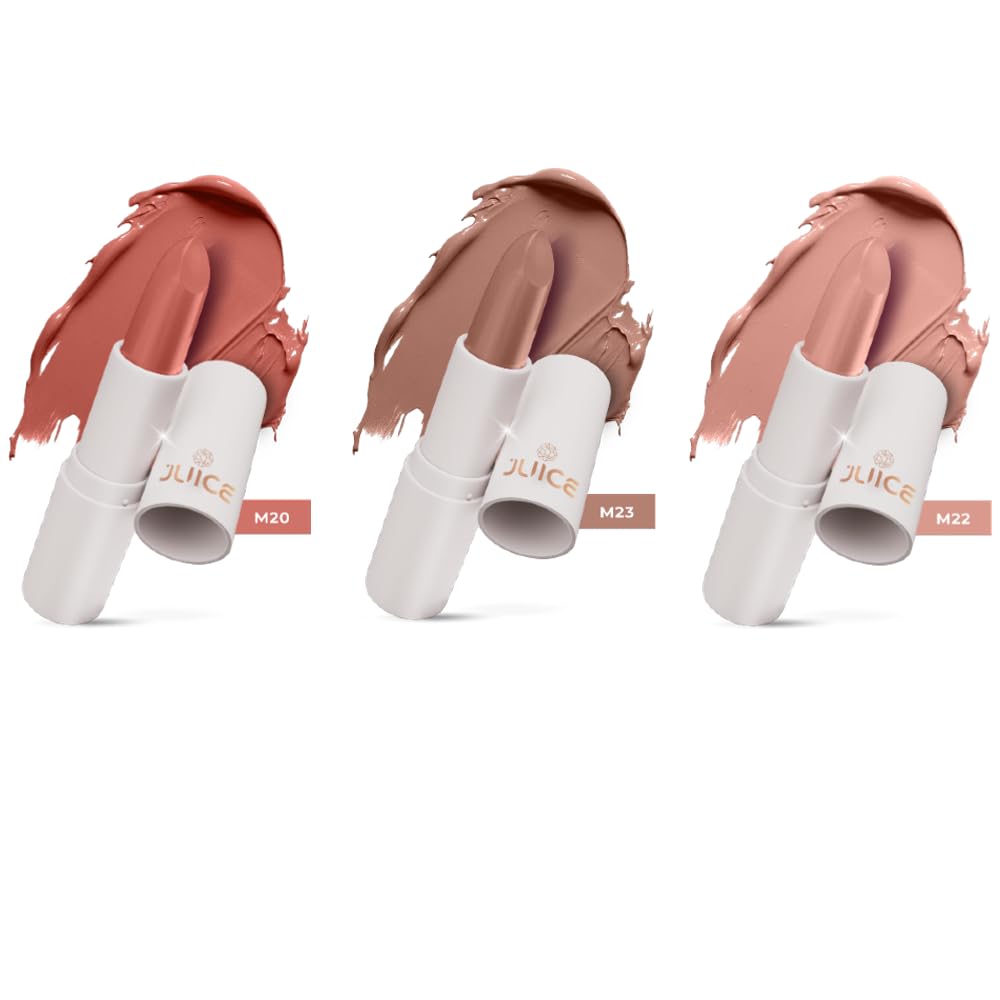 Juice Kiss Sensation Lipstick with Goodness of Bio Retinol, UV Protection & Long lasting Lipstick, Pack of 3 (Chocoholic - M20, Not Really Nude - M22, Eternal Nude - M23)