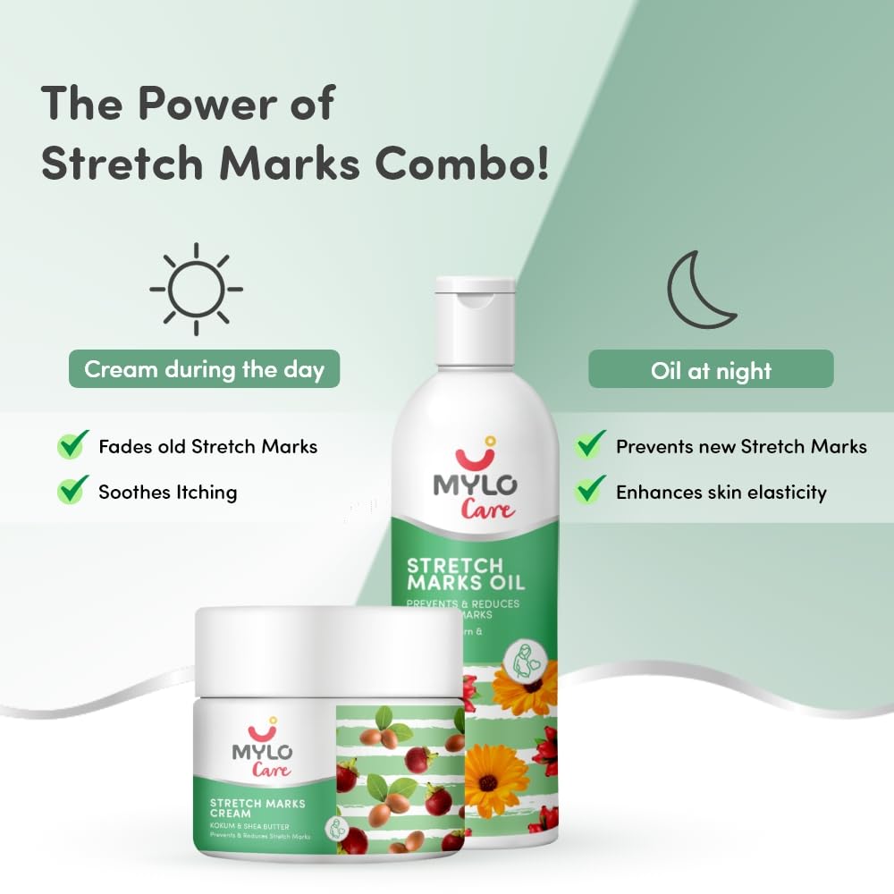 Mylo Stretch Marks Cream 100 gm & Stretch Mark Oil 100 ml|Stretch Marks removal for women |Made Safe Certified|Safe in pregnancy & effective on all body parts