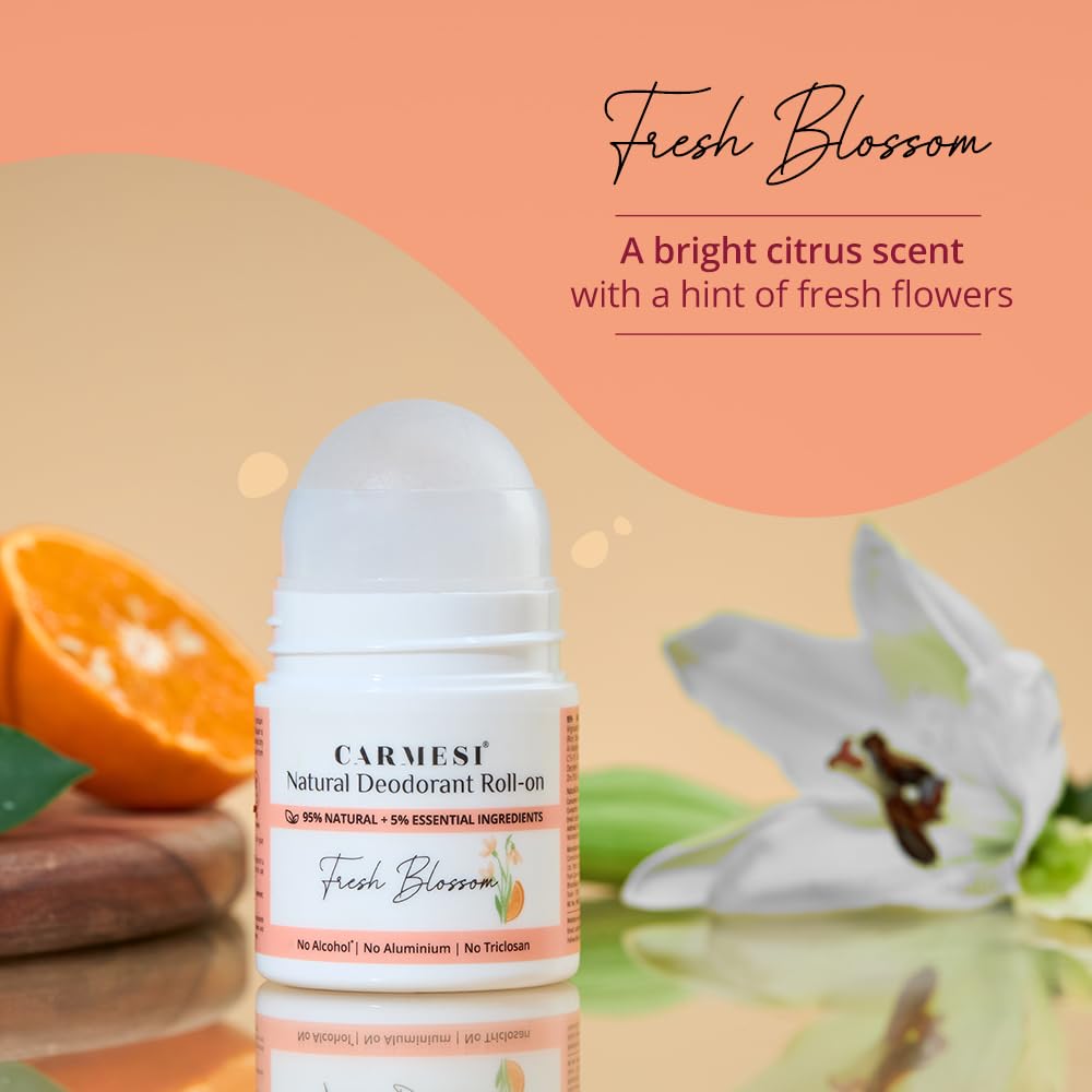 Carmesi Natural Underarm Roll On Deodorant for Women | 95% Natural + 5% Essential Ingredients | For Fresh Underarms | No Alcohol & Aluminium | Fresh Blossom | 50 ml