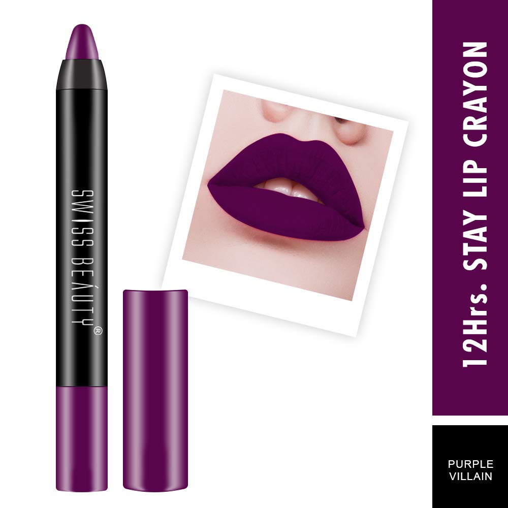 Swiss Beauty 12 Hrs. Stay Matte Lip Crayon, Purple Villain, 3g - Long Lasting, Waterproof, Super Stay, Matte Finish Lip Crayon, Long Wear, Crayon Lipstick