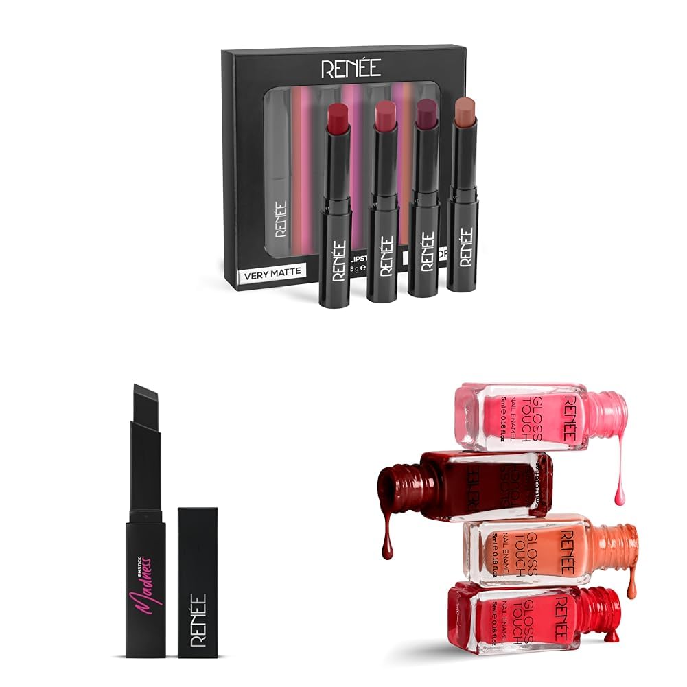 Renee Very Matte - Pack Of 4 Matte Lipsticks & Madness Ph Lipstick 3Gm Lipstick With Glossy Pink Payoff-Long Lasting Nourishment, Enriched With Vitamin E & Renee Gloss Touch Nail Paint, Set Of 4