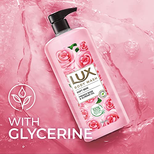 Lux Body Wash Soft Skin French Rose & Almond Oil Super Saver XL Pump Bottle with Long Lasting Fragrance, Glycerine, Paraben Free, Extra Foam, 750 ml