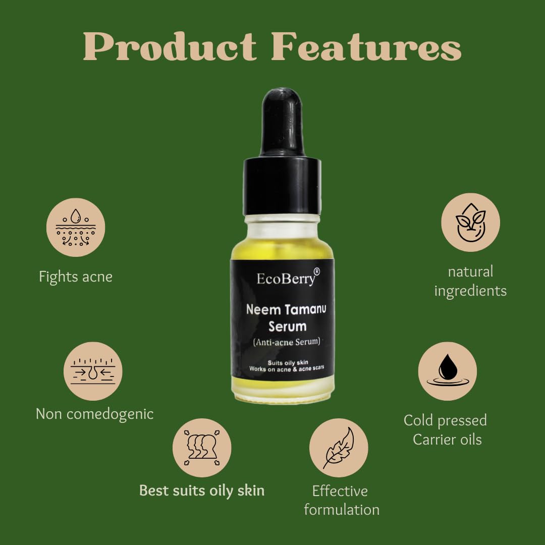 EcoBerry Neem Tamanu Anti Acne Serum for Oily & Acne Prone Skin, Blemishes, Moisturizing, Organic, Natural, Paraben Free, Preservative Free, Vegan