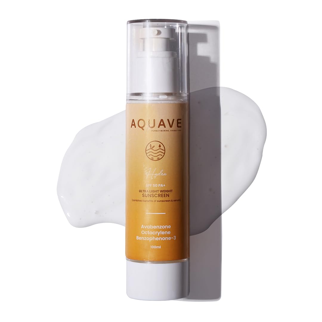 AQUAVE Sunscreen Face Serum (100 ml) - SPF 50+ PA++++ Hydra Ultralight UV Protection | Prevents Premature Ageing For All Skin | Enriched with Sea Boost for skin protection and hydration |.Goodness Of Serum| Visible Results In 30 Days | Marine Based Techno