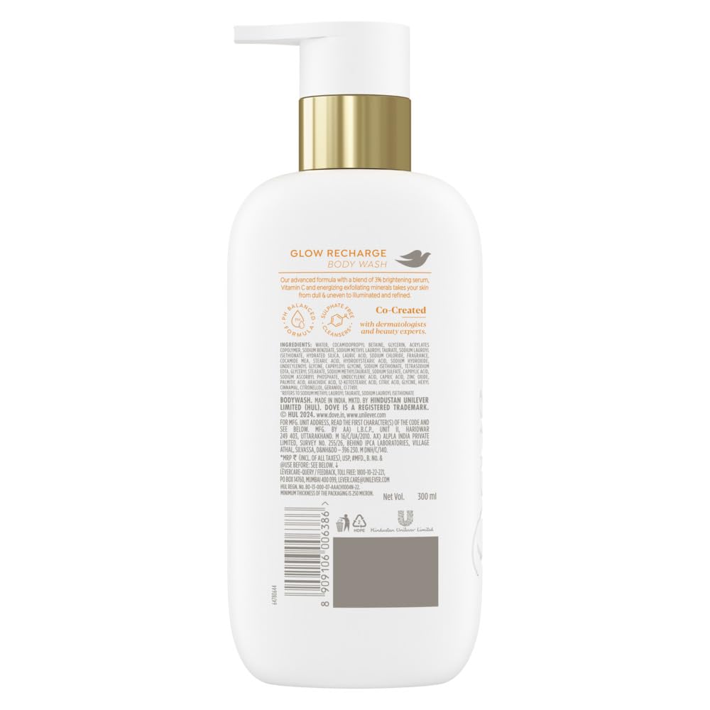Dove Glow Recharge Serum Body Wash | 3% Brightening Serum + Vit C | Energizes & Illuminates skin | Paraben & SLS free | 300 ml