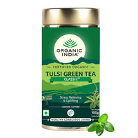 A TATA Product - Organic India Tulsi Green Tea Classic Loose Leaves - 100g, Stress Relieving, Uplifts Mood, Rich in Antioxidants, Blend of Rama, Krishna & Vana Tulsi, Certified Organic