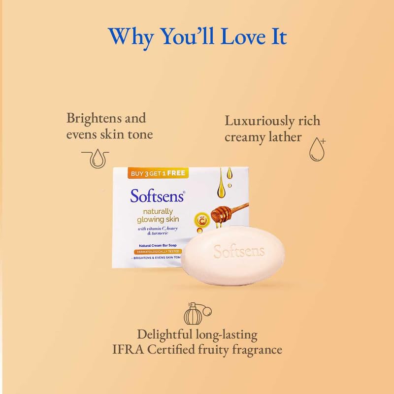 Softsens Naturally Glowing Skin Cream Bar Soap | Parabens, Sulphates Free Soap Pack of 3 (100g x 4)