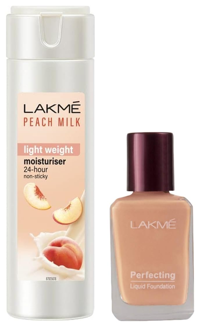 Lakmé Perfecting Liquid Foundation, Marble, 27ml And Lakmé Moisturizer Body Lotion, Peach Milk, 200ml