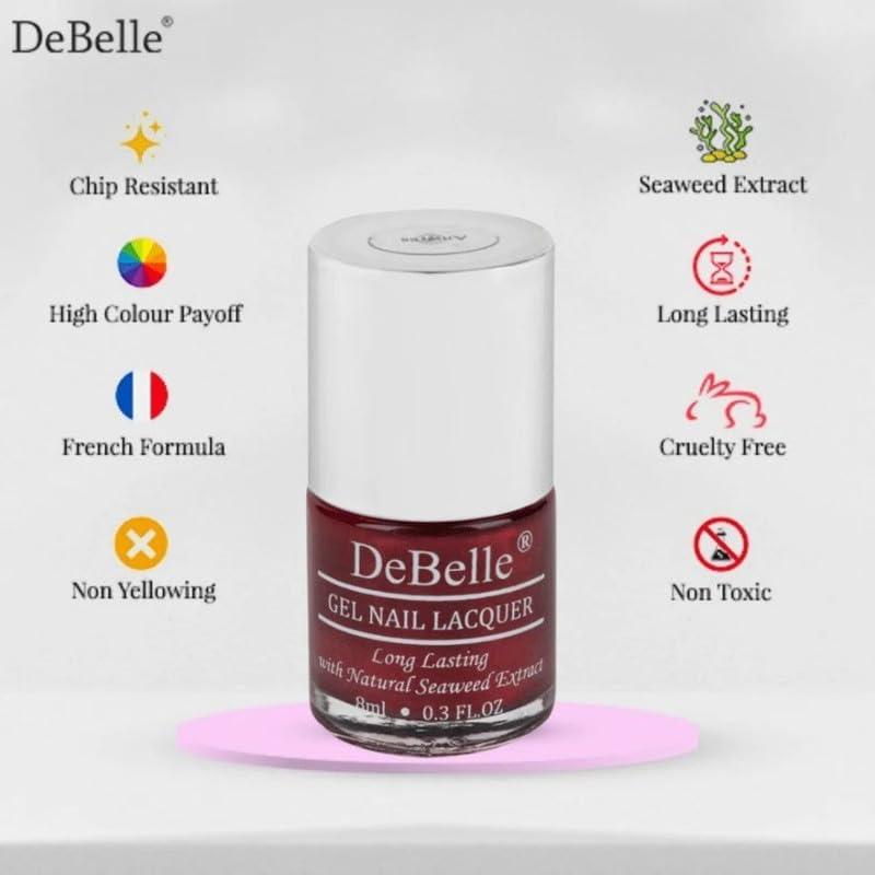 DeBelle Gel Nail Polish Antares (Deep Maroon Pearl Finish Nail Paint)|Non UV - Gel Finish |Chip Resistant | Seaweed Enriched Formula| Long Lasting|Cruelty and Toxic Free| 8ml