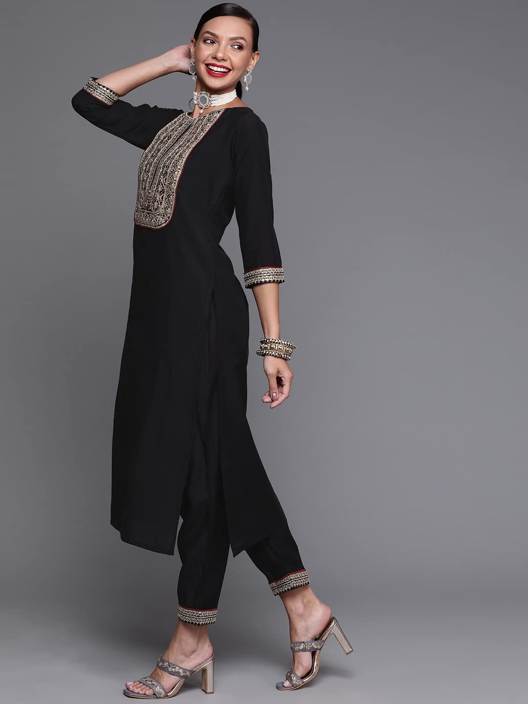 INDO ERA Women's  Embroidered Viscose Straight Kurta Trouser With Dupatta Set