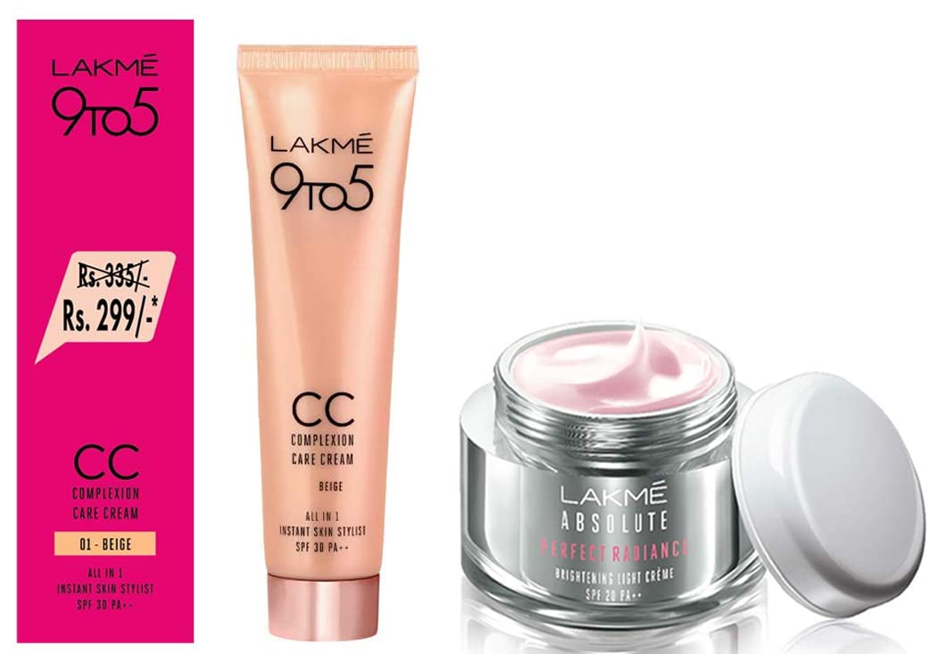Lakmé Absolute Perfect Radiance Brightening Light Crème With Niacinamide & Micro Crystals, 50G & Lakmé 9 To 5 Complexion Care Face Cc Cream, Beige, Spf 30, Conceals Dark Spots & Blemishes, 30 G