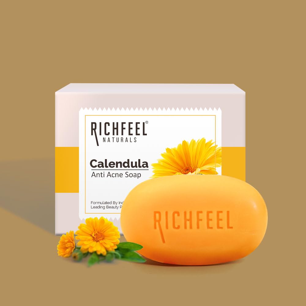 Richfeel Calendula soap | Anti Acne Brightening Soap | Bathing Soaps | Bath Soap for Men & Women | Soaps for Bath | TFM Grade 1 Soap | For Oily Skin | Fades Dark Spots | - 75Gm X 4 (B3G1) Pack of 2