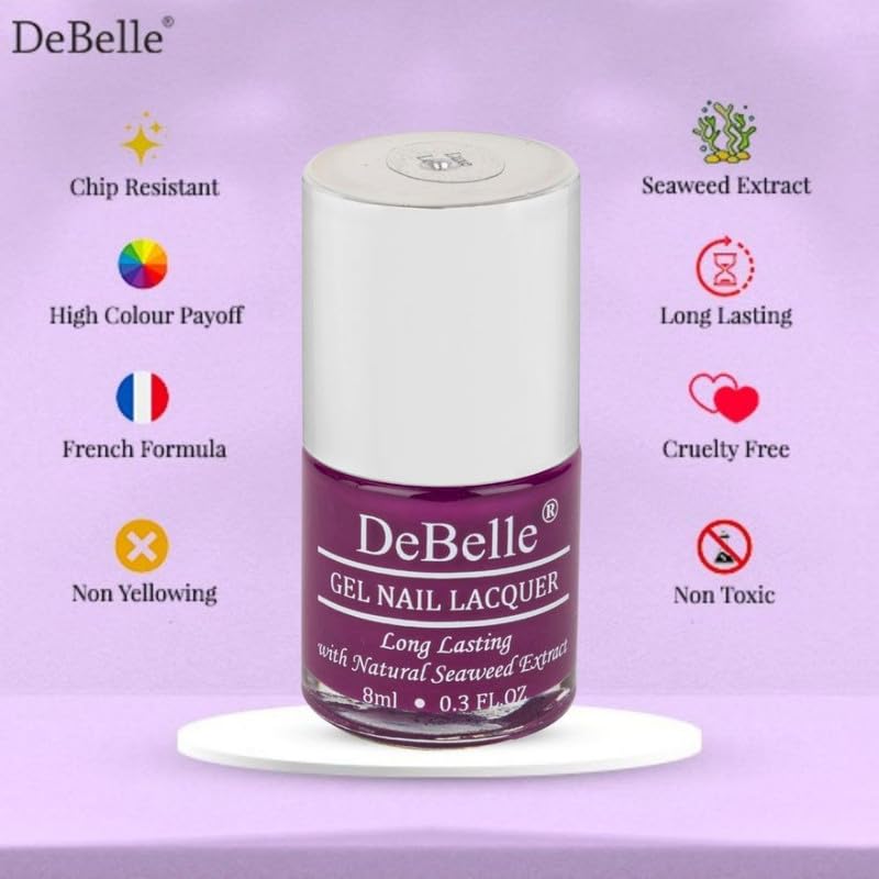 DeBelle Gel Glossy Finish Nail Polish Luxe Lotus (Dark Purple), 8 Ml - Enriched With Natural Seaweed Extract, Cruelty Free, Toxic Free