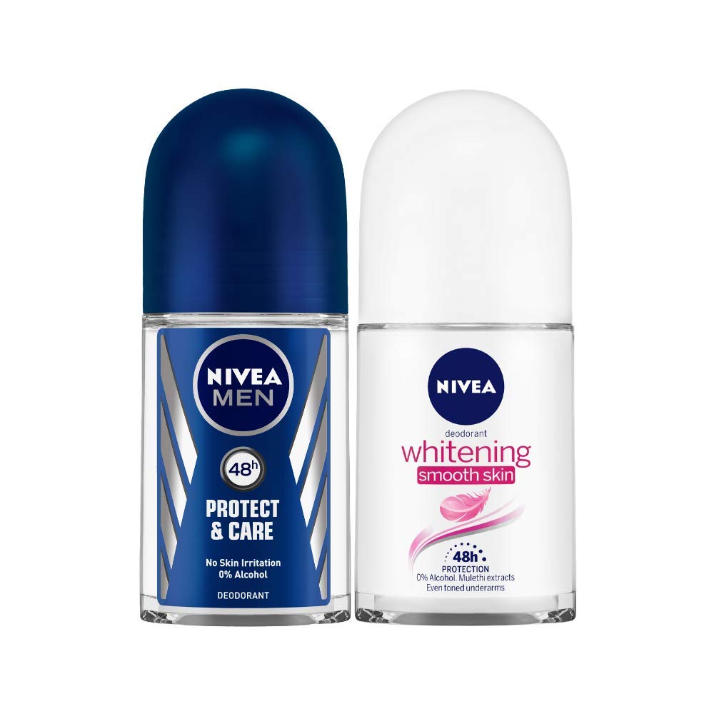 NIVEA Deodorant Roll On, Protect & Care, No Skin Irritation & 48h Freshness for Men, 50ml and Whitening Smooth Skin Roll On, 50ml
