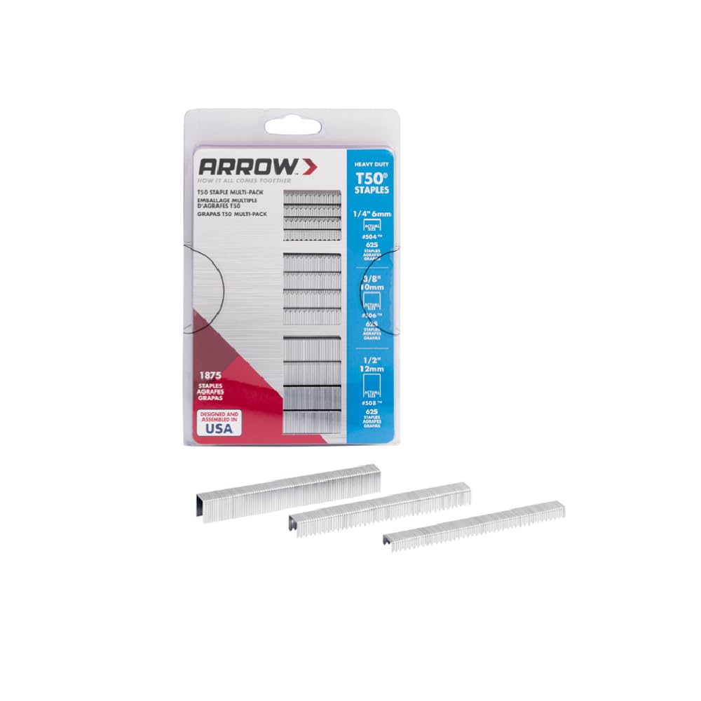ARROW 50MP Heavy Duty T50 Staples Multipack, For Upholstery, Crafts, General Repairs, Includes 1/4-Inch, 3/8-Inch and 1/2-Inch Sizes, 3/8-Inch Crown Size,1875-Pack