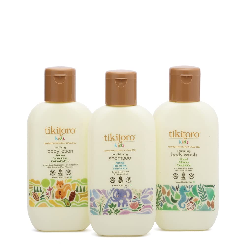 Tikitoro Kids Starter Pack 100% Vegan with Nourishing Body Wash, Soothing Body Lotion & Conditioning Shampoo, No Parabens & Sulphates (Age: 4+) (75 ml x 3)