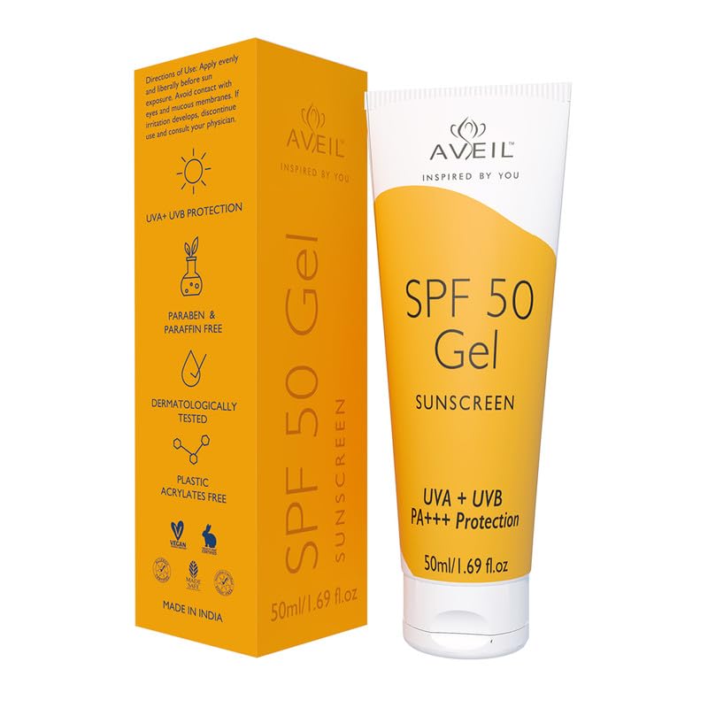 AVEIL Gel Sunscreen SPF 50 | Non-Greasy, Non-Absorbent & No White Cast | For All Skin Types | UVA, UVB, UV & Infrared Rays Protection | Skin Rejuvenating | Repairs from Photo-Ageing | Pack of 1-50ml