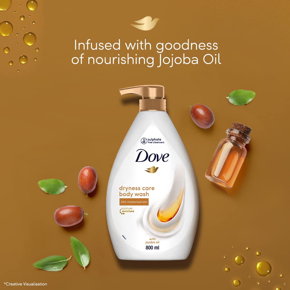 Dove Dryness Care Bodywash infused with Jojoba Oil to deeply nourish your skin, 100% gentle and paraben free/sulphate free cleansers, 100% plant- based moisturisers, 800ml