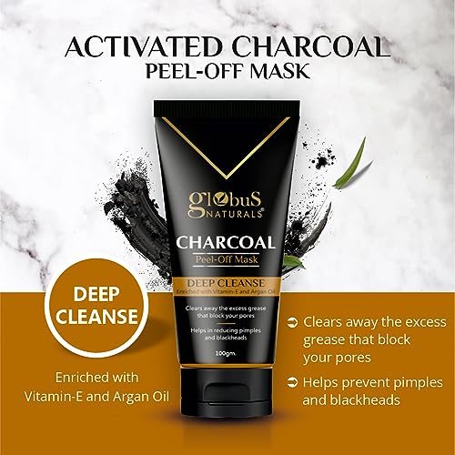 Globus Naturals Anti Pollution & Anti Acne Charcoal Peel Off Mask, Detoxifying Face mask, Fights Pollution and De-Tans skin, For Men with Oily & Acne Prone Skin, 100 gms, Pack Of 5