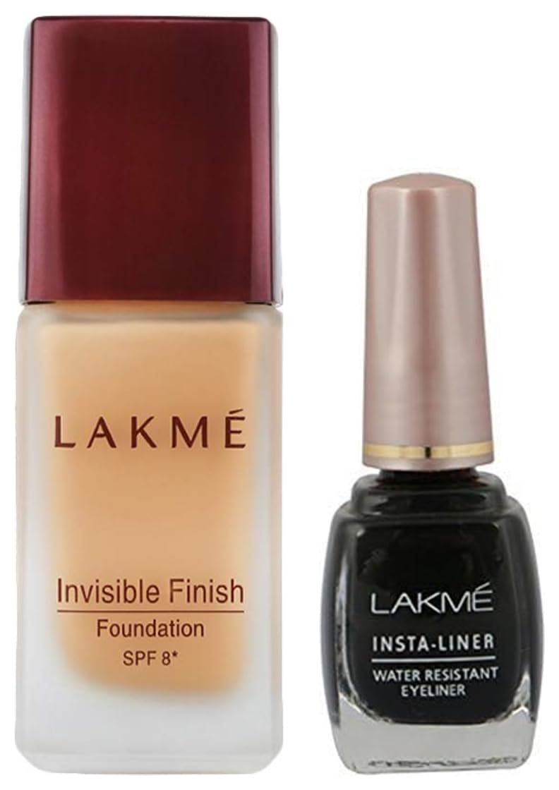 Lakmé Invisible Finish Spf 8 Foundation,For All Skin Shade 05,Lightweight,Water Based,Liquid Foundation For Natural Glow,25 Ml&Lakmé Insta Eye Liner,Black,Water Resistant,Long-Lasting,9 Ml,1 Count