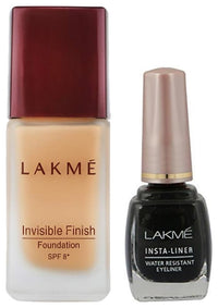 Lakmé Invisible Finish Spf 8 Foundation,For All Skin Shade 05,Lightweight,Water Based,Liquid Foundation For Natural Glow,25 Ml&Lakmé Insta Eye Liner,Black,Water Resistant,Long-Lasting,9 Ml,1 Count
