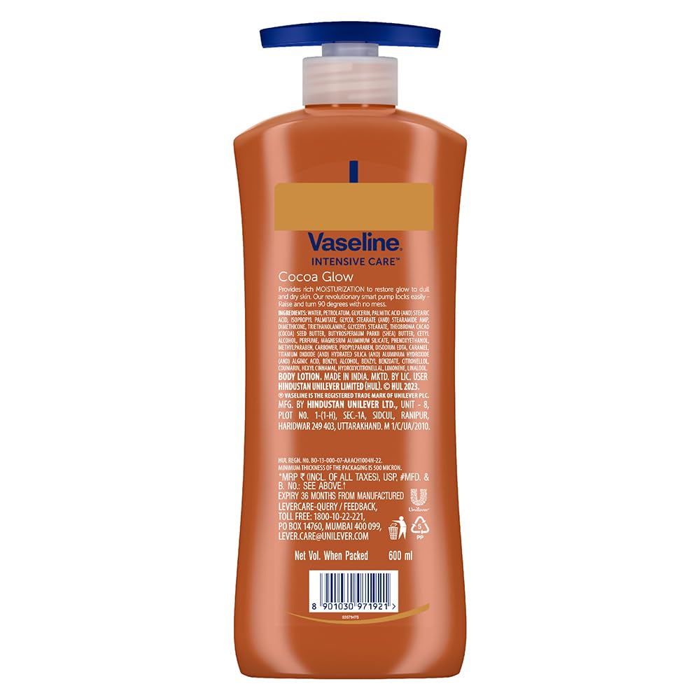 Vaseline Intensive Care, Cocoa Glow Serum-in-Lotion, 600ml, with 100% Pure Cocoa & Shea Butter, 48Hr Long-Lasting Moisturization, Body Lotion for Dry, Rough Skin