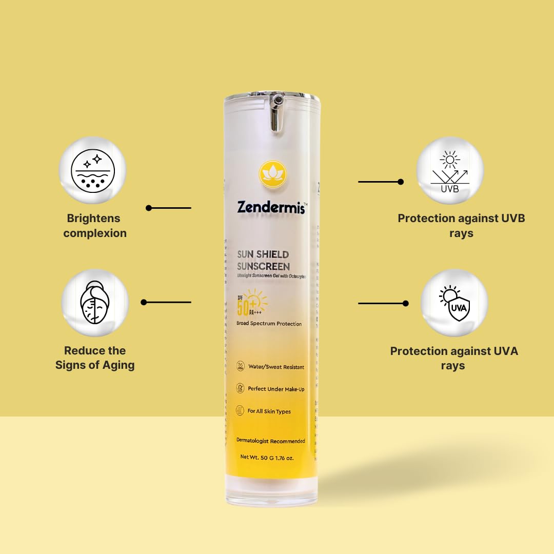 Zendermis Sun Shield Sunscreen, SPF 50 Ultralight Sun Screen Protection Gel Prevents Tanning, Pigmentation & Premature Aging, Water & Sweat Resistant, for All Skin Types [50 gms]
