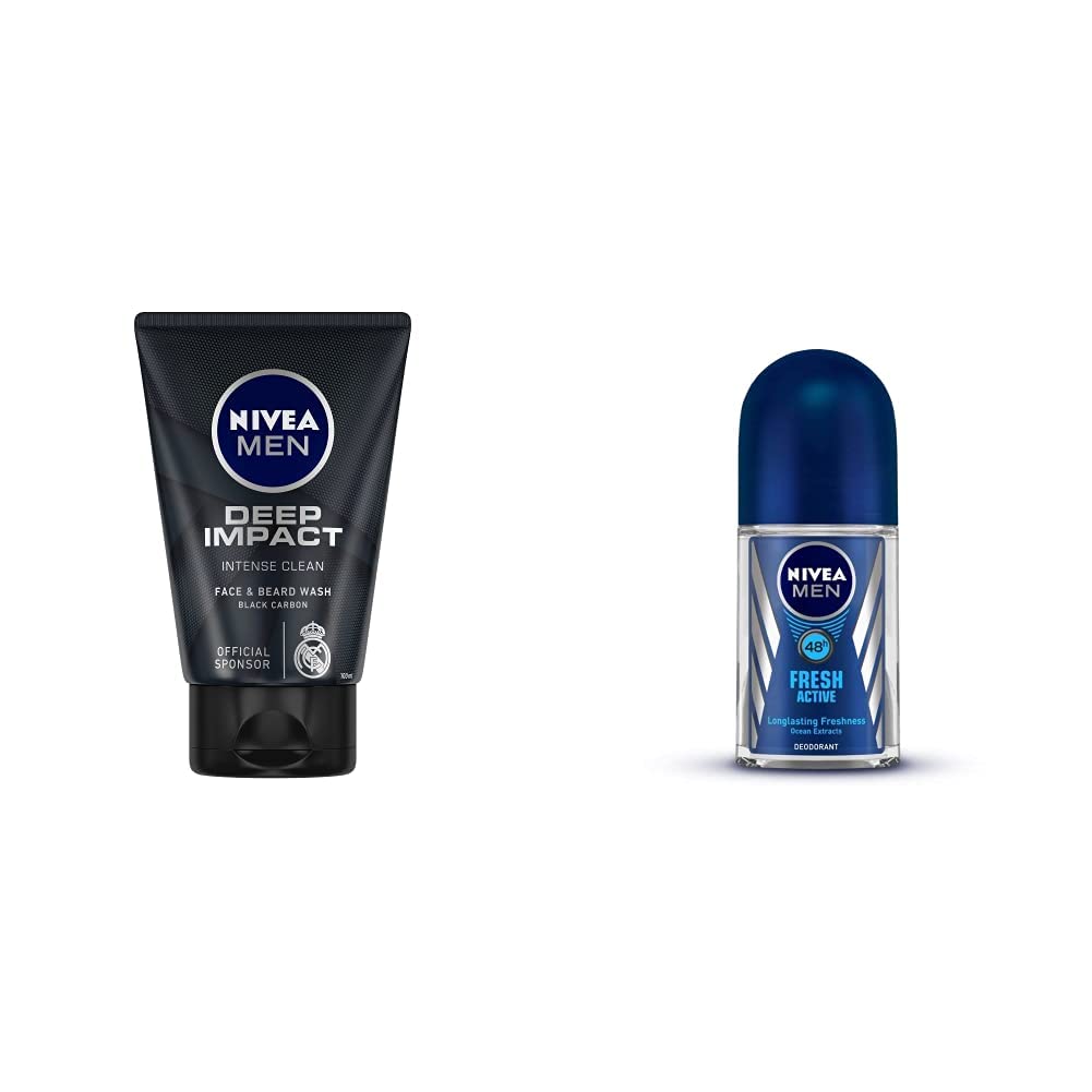 Nivea Men Face Wash, Deep Impact Intense Clean, 100g & Men Deodorant Roll-On, Fresh Active Original, 50ml