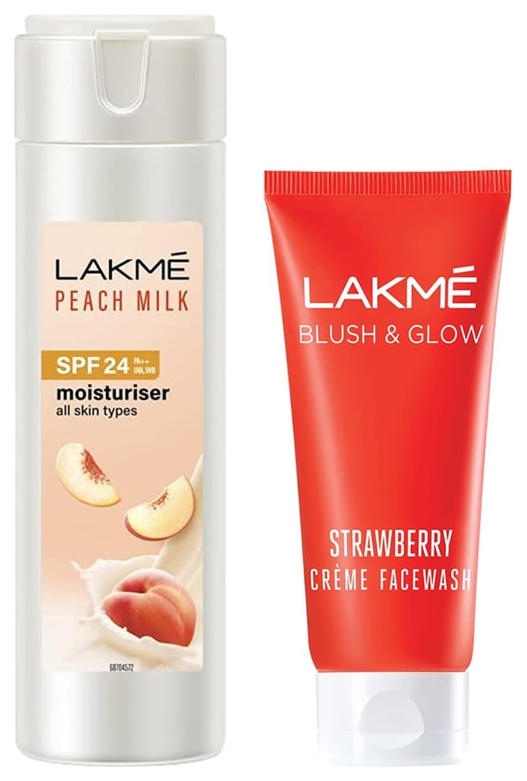 Lakmé Strawberry Creme Face Wash, 100g & Lakmé Peach Milk Face Moisturizer SPF 24 PA++ 120ml, Daily Light Sunscreen Lotion with Vitamin C for Glowing Skin Sun Protection for Women