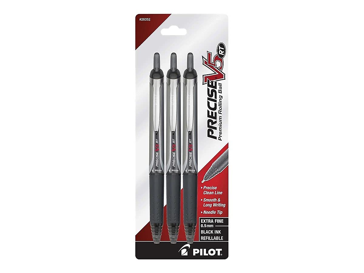 PILOT Precise V5 RT Refillable & Retractable Liquid Ink Rolling Ball Pens, Extra Fine Point (0.5mm) Black Ink, 3-Pack (26052) 3 Count (Pack of 1) Pens + Pens, Assorted Color Inks (Ball Pens)