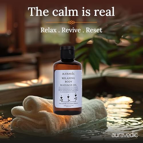 Auravedic Relaxing Body Massage Oil For Full Body Massager For Pain Relief Calming Moisturizer For Dry Skin Face 200 Ml Lavender Eucalyptus Mint Body Oil After Bath For Daily Use