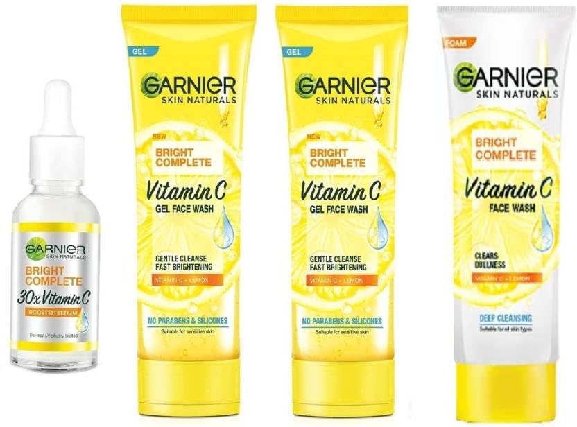 GARNIER BRIGHT COMPLETE VITAMIN C 2 PCS GEL FACE WASH 50g + FOAM FACE WASH 50g + FACE SERUM 15ml (4 Items in the set)