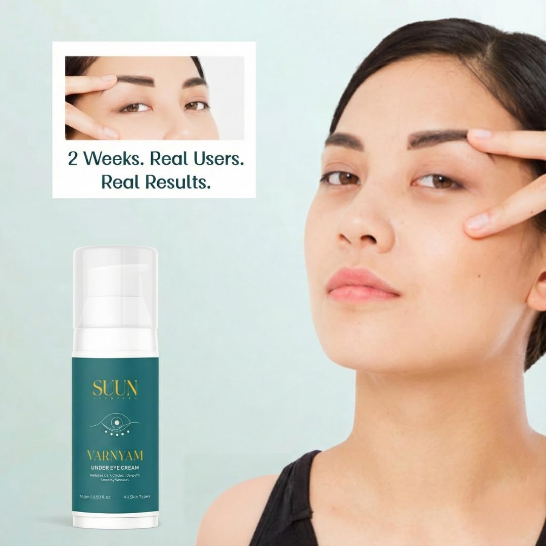 Suun Ayurveda Under Eye Cream I Reduces Dark Circles, Puffiness & Wrinkles | 4% Caffeine, 3% Bakuchiol & 5% Peptides | Brightening & Firming Eye Serum for Men & Women I Visible Results in 14 Days | 15ml