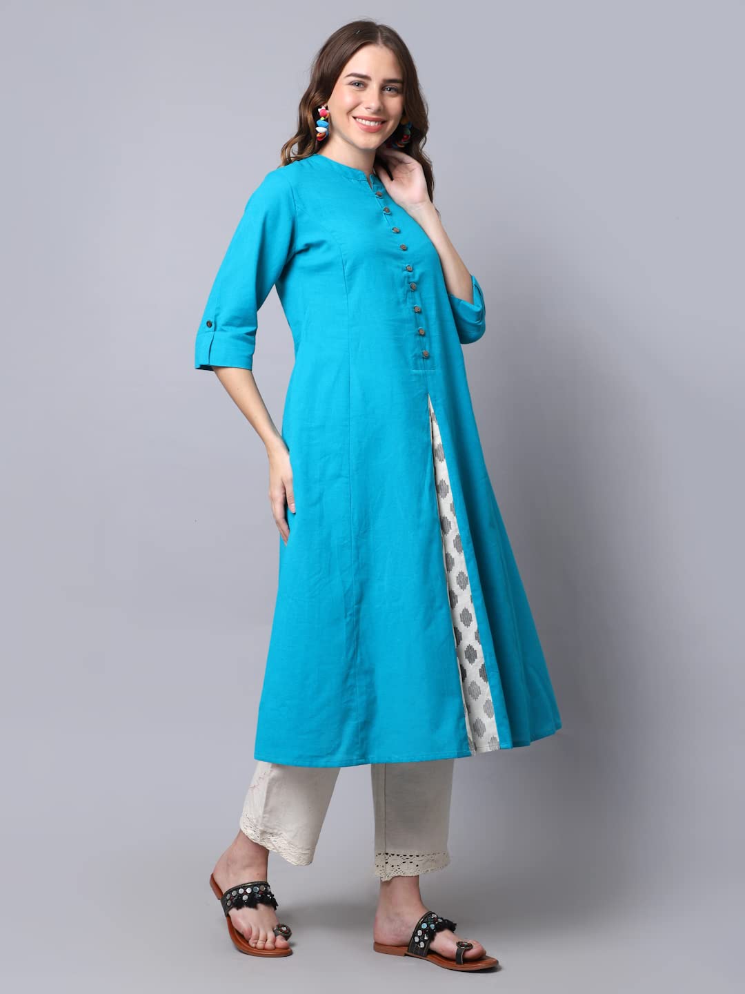 Pistaa's  Women Cotton Printed Cut Regular Kurta Orange M