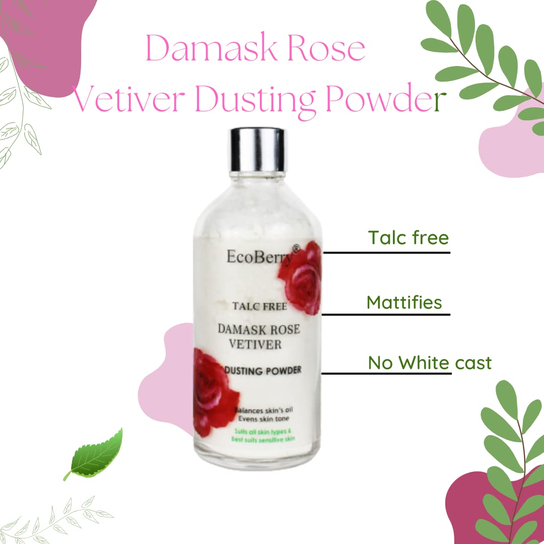 EcoBerry Damask Rose Vetiver Dusting Powder,Chemical &Talc Free,Hypoallergenic,Organic Certified Ingredients,No Whitish Cast, Mattify,Non-Comedogenic, Sensitive Skin,100% Natural & Handmade,Vegan 50g
