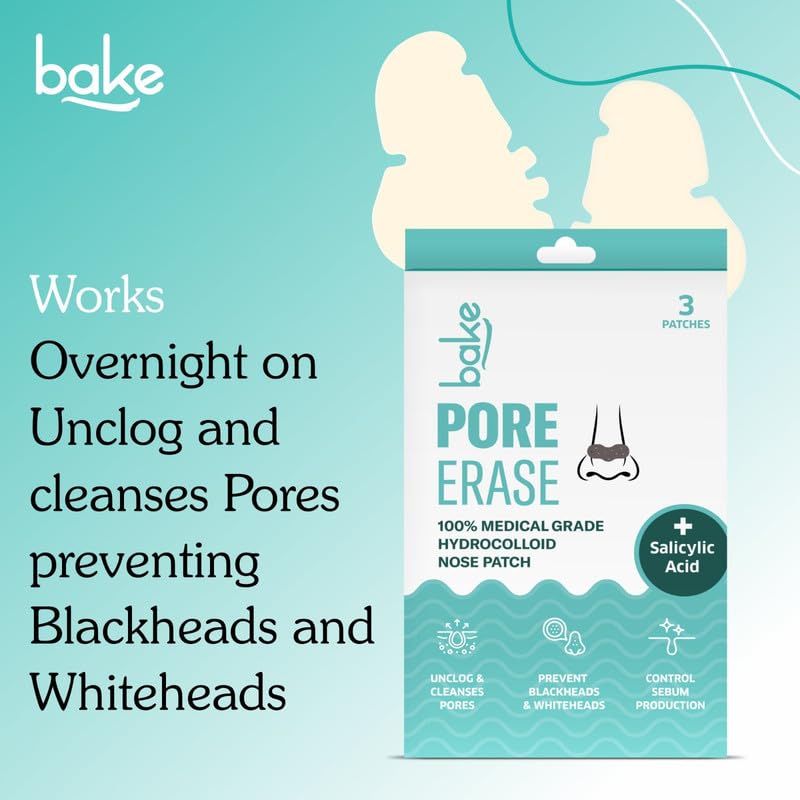 BAKE 2% Salicylic Acid Nose Strips for Pore Cleansing & Blackheads Removal | Hydrocolloid Nose Strips for Control Sebum Production (3 Strips)