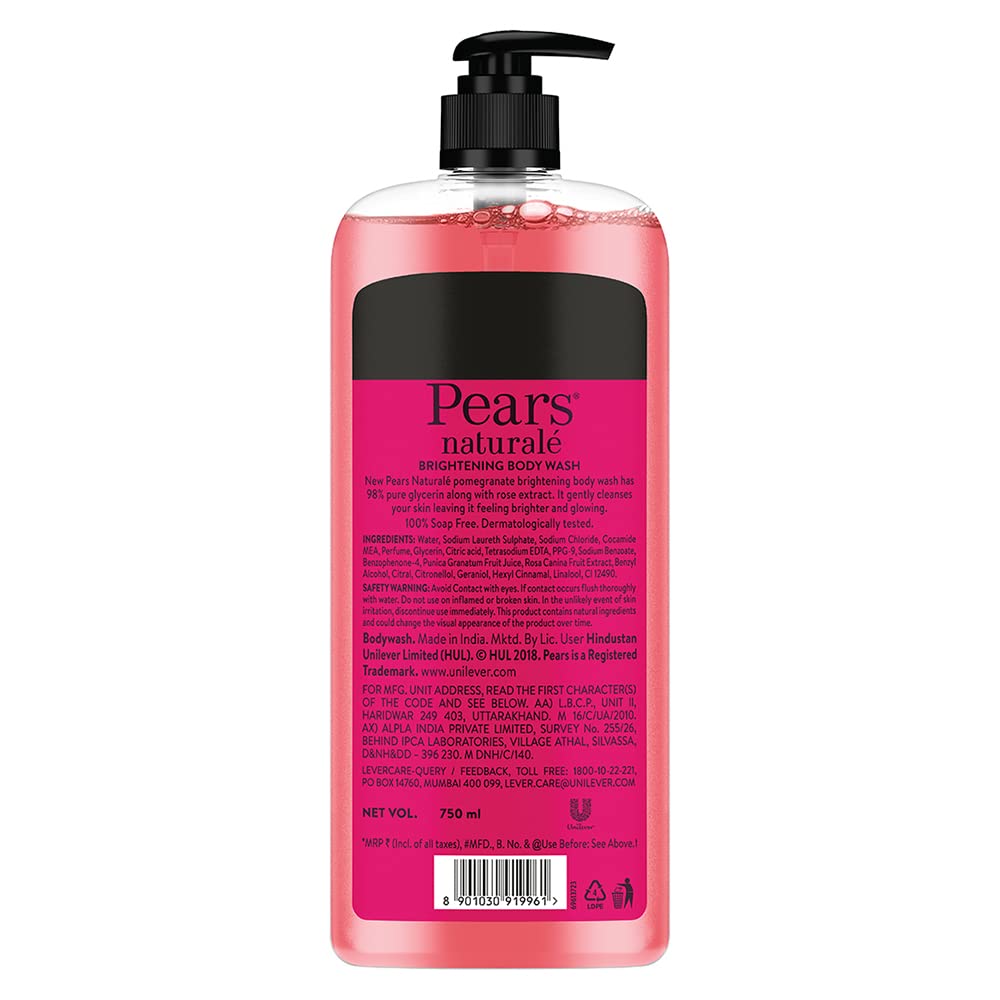 Pears Naturale Brightening Pomegranate Bodywash With Glycerine, Paraben Free, Soap Free, Eco Friendly, Dermatologically Tested, 750 ml (Pack of 2)