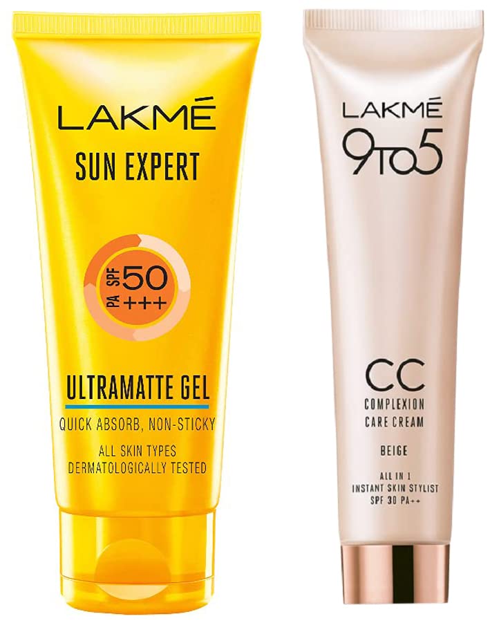 Lakmé Sun Expert SPF 50 Gel, 50g & 9 To 5 Complexion Care Face CC Cream, Beige, SPF 30, Conceals Dark Spots & Blemishes, 30g For Combination Skin