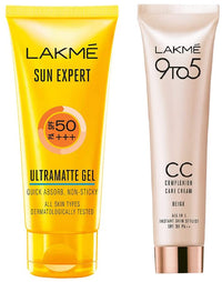 Lakmé Sun Expert SPF 50 Gel, 50g & 9 To 5 Complexion Care Face CC Cream, Beige, SPF 30, Conceals Dark Spots & Blemishes, 30g For Combination Skin