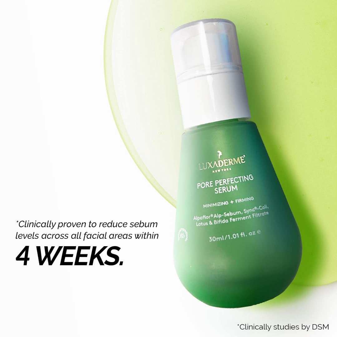 LuxaDerme Pore Perfecting Face Serum - Minimizes Pores, Controls Oil & Sebum, Firms Skin | 96% Natural Ingredients with Lotus water, Alpaflor® Alp-Sebum, Syn®-Coll, Galactomyces | Korean Skincare - 30ml