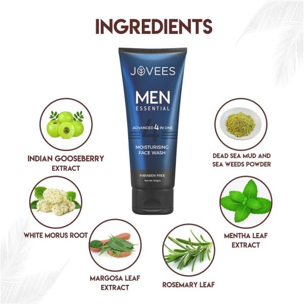 Jovees Herbal Men's Essential Advanced 4 in 1 Moisturizing Face Wash |with Vit C and Vit E | Gives Clean and Clear Skin |For All Skin Types 100g