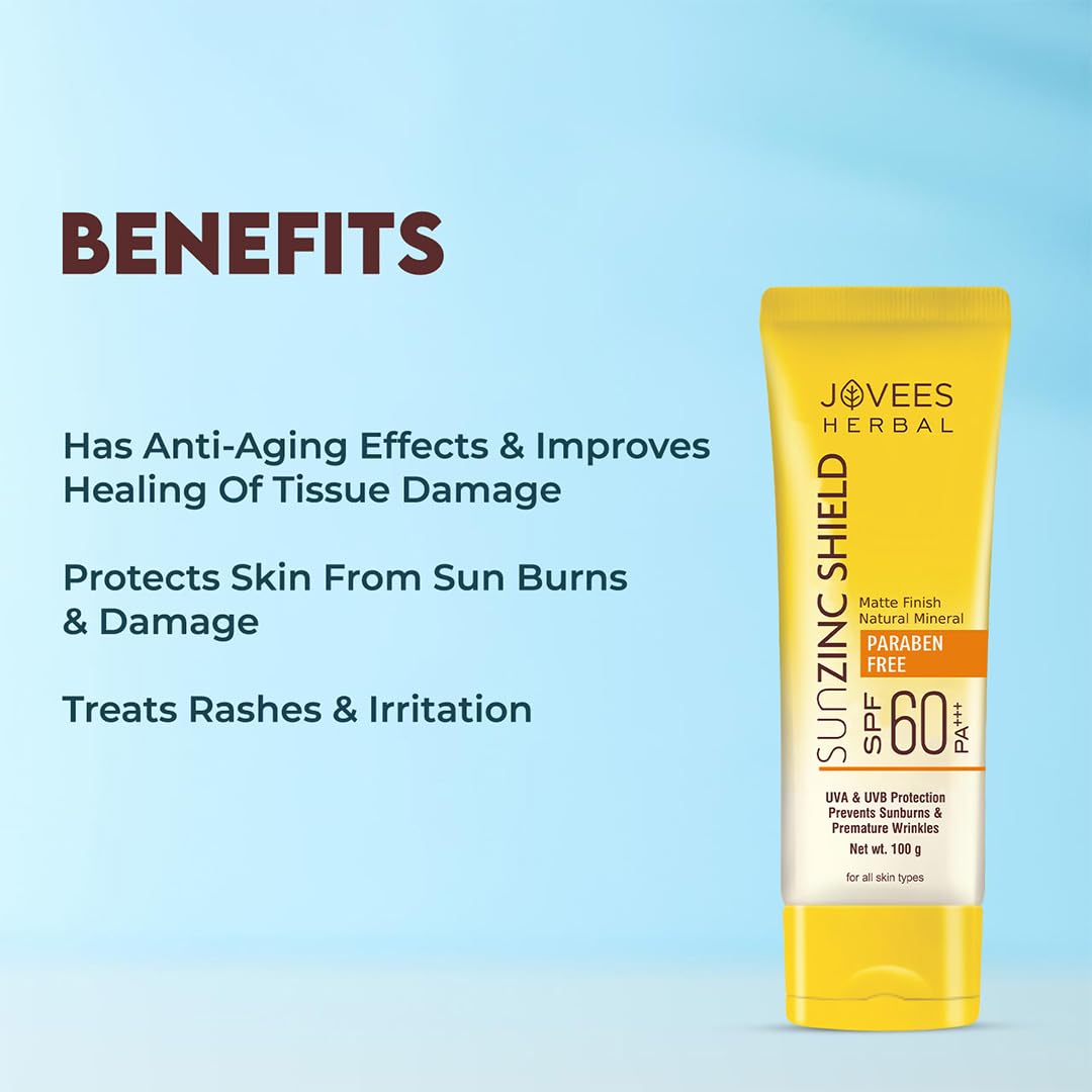 Jovees Herbal Sun Zinc Shield SPF 60 PA+++ Broad Spectrum | Matte Finish | Oil Free | UVA/UVB & Blue Light Protection | For All Skin Types 100g (Pack of 2)